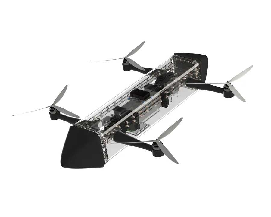 The shape-morphing drone in its aerial configuration, rotors in plane