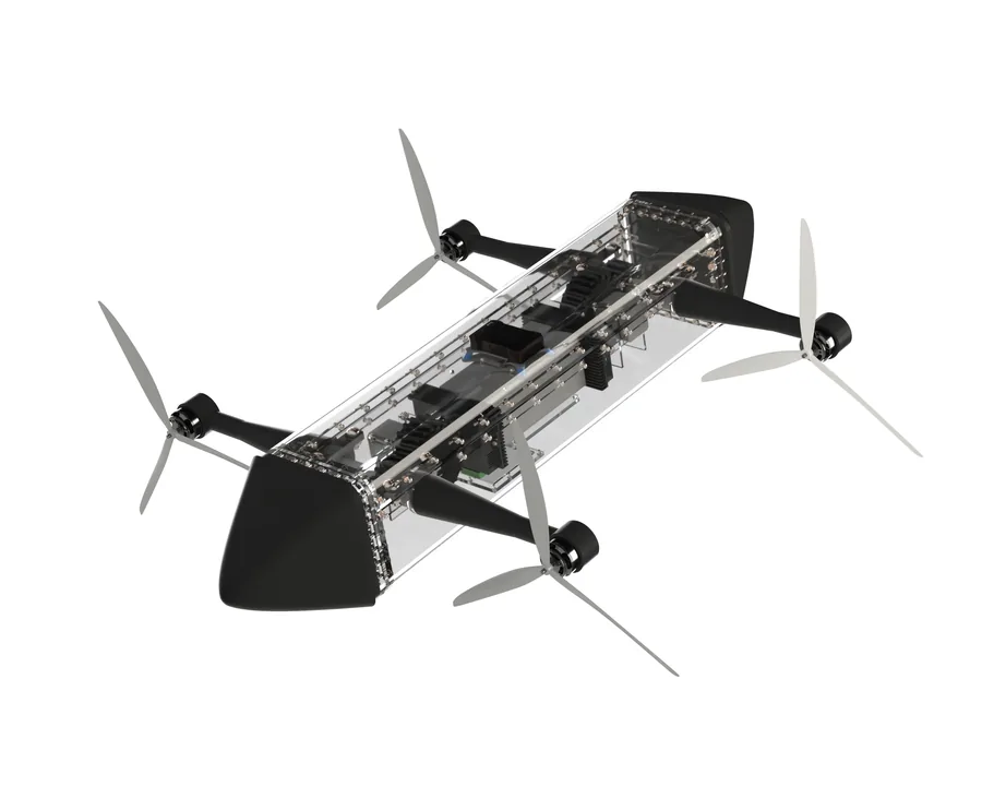 The airframe in its aquatic configuration, rotors rotated for underwater thrust