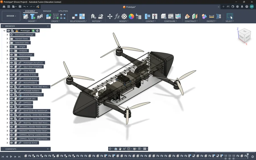 The quadcopter assembly modelled in Fusion 360