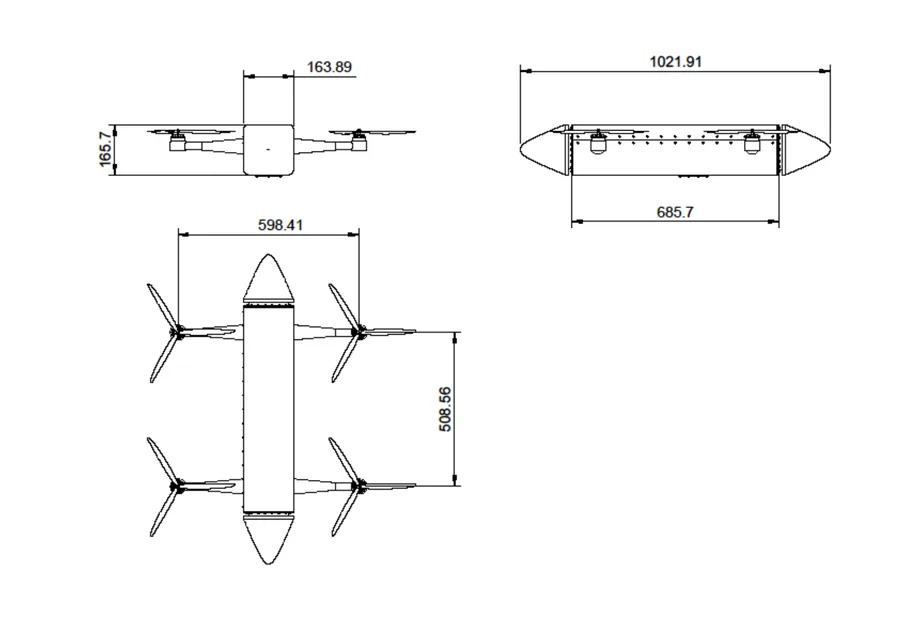 Dimensioned general arrangement drawing: plan, front and side views of the airframe