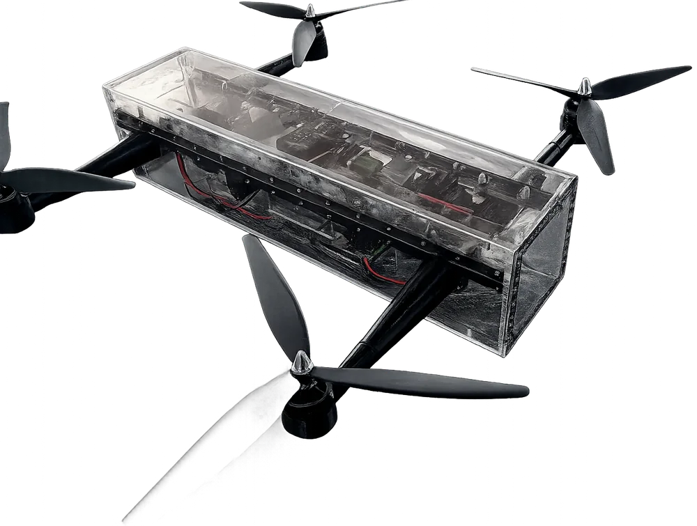 Perspective view of the completed drone: transparent acrylic electronics enclosure with the wiring and boards visible inside, four rotors on morphing arms