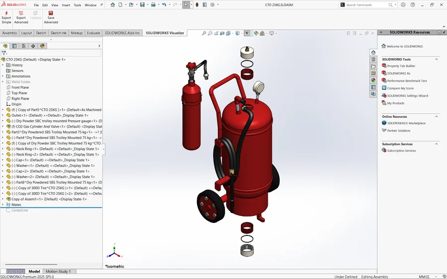 The CTO 25 kg assembly exploded in the SolidWorks viewport, feature tree listing the components in the left panel