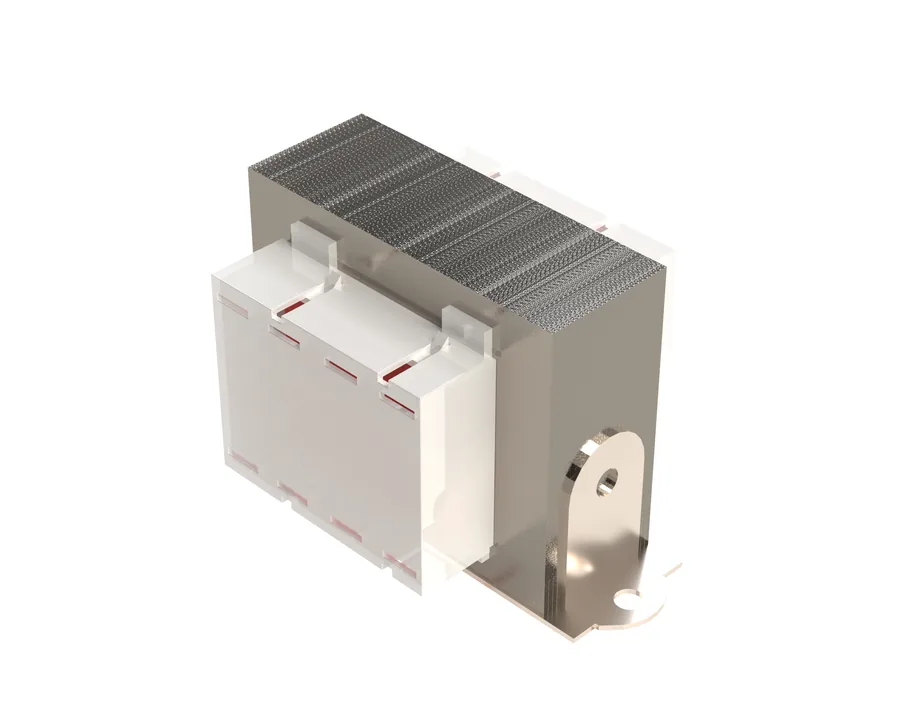 Render of an EI-core transformer: stacked laminations, bobbin and clamp
